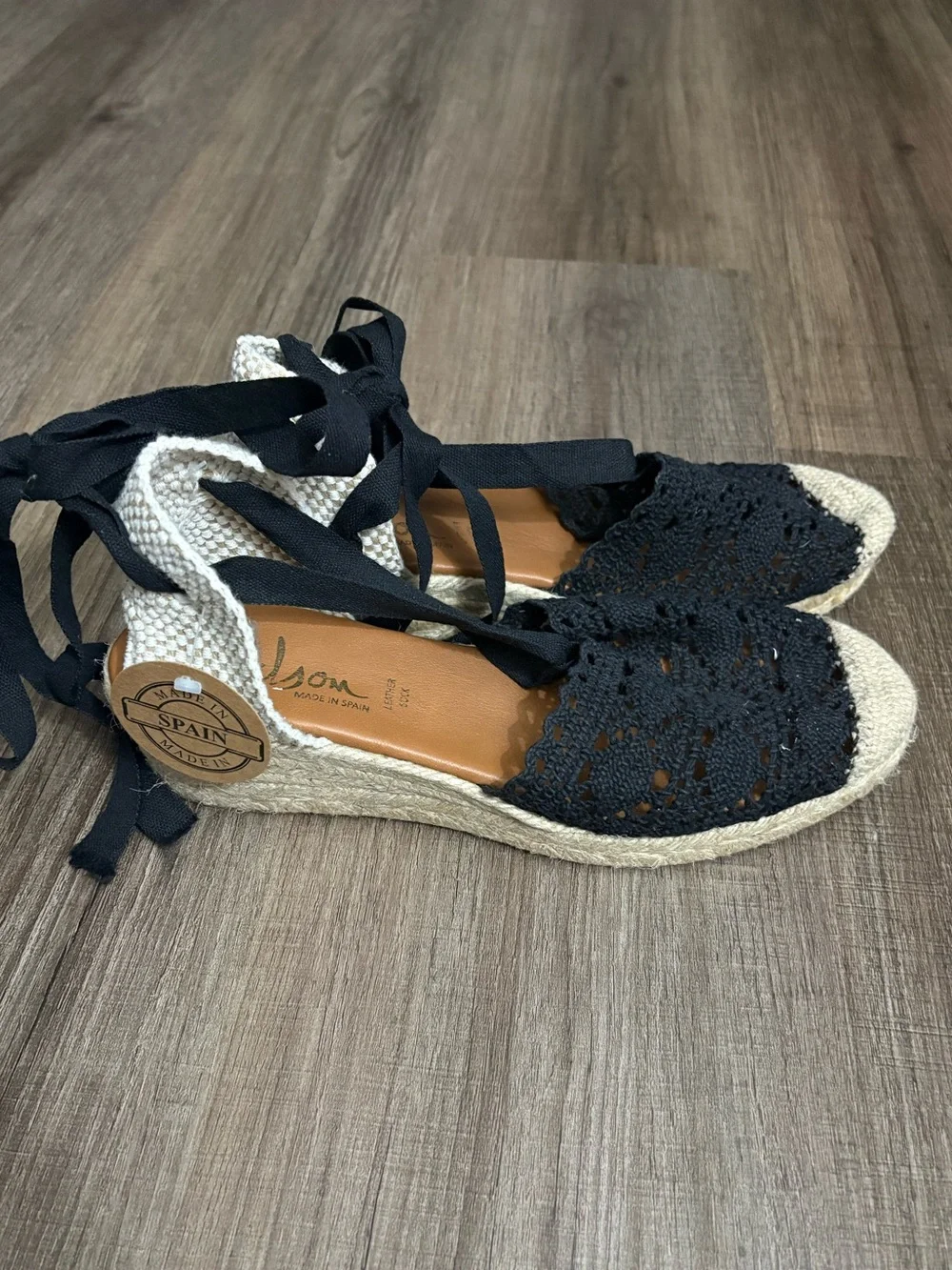 Black Lace Espadrille Wedges with Ankle Tie